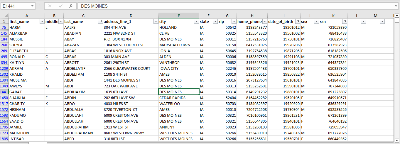 10K SSN record from  IA states in this file. HIGH QUALITY