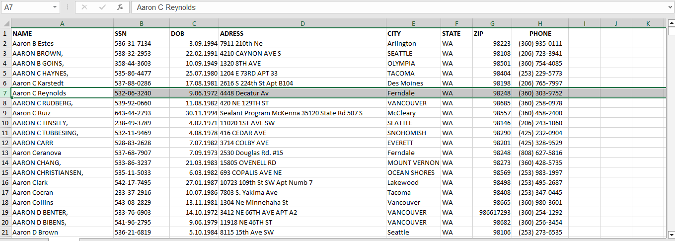 150K SSN record from  WA states in this file. HIGH QUALITY