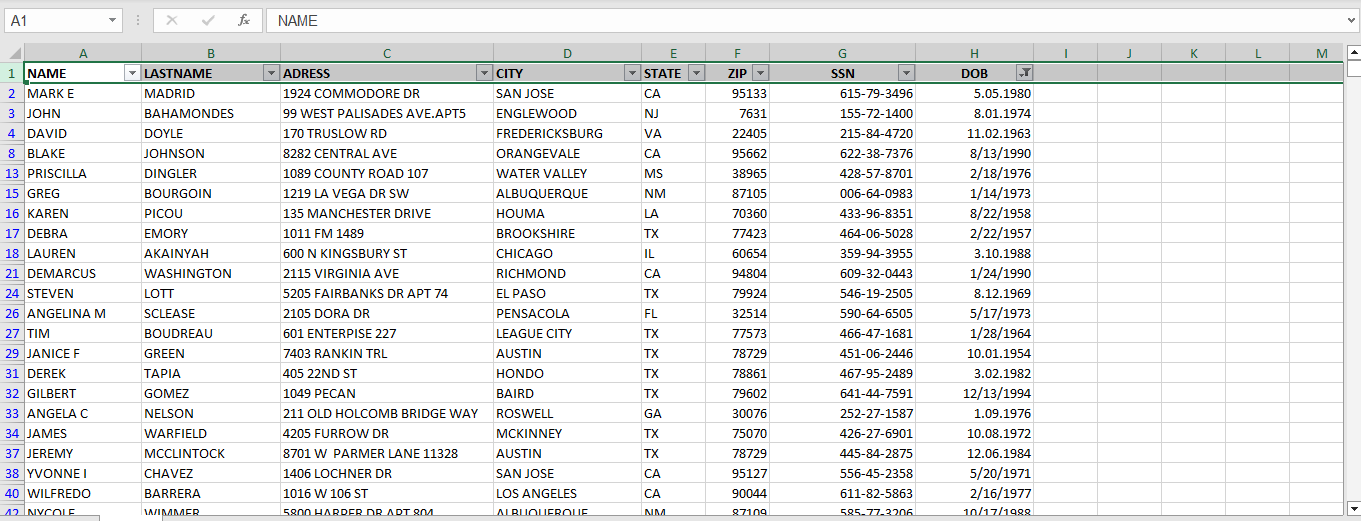 There is 1.5 Million SSN record from all USA states in this file.